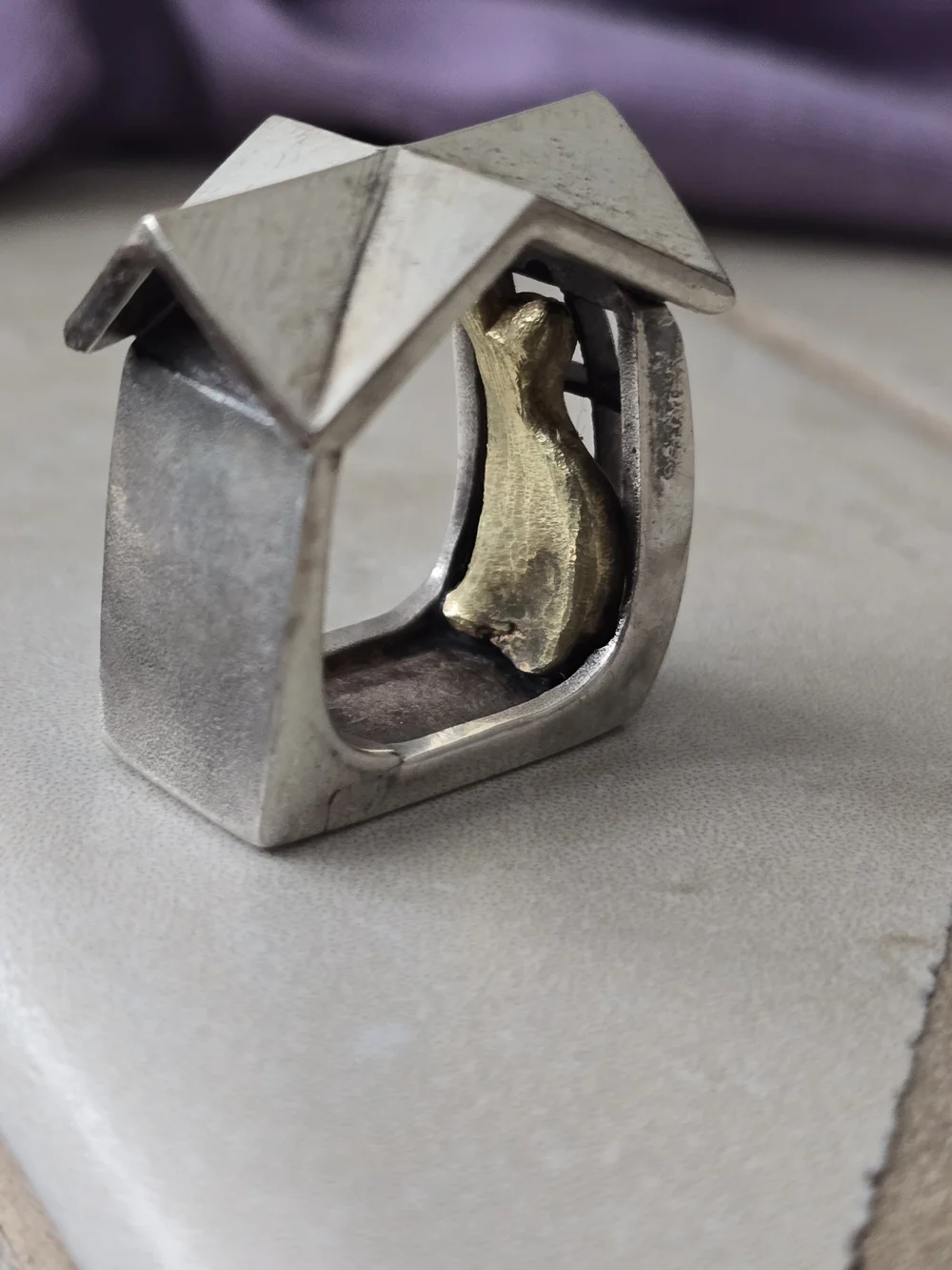 Sterling Silver Architectural House Ring with Gold Accents